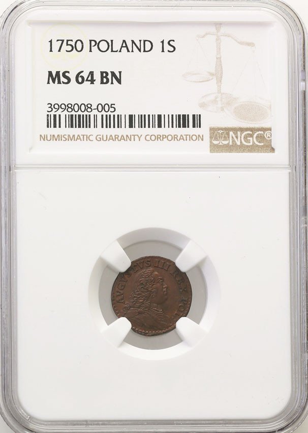 August III Sas. Szeląg 1750, Gubin lub Grünthal NGC MS64 BN (MAX)